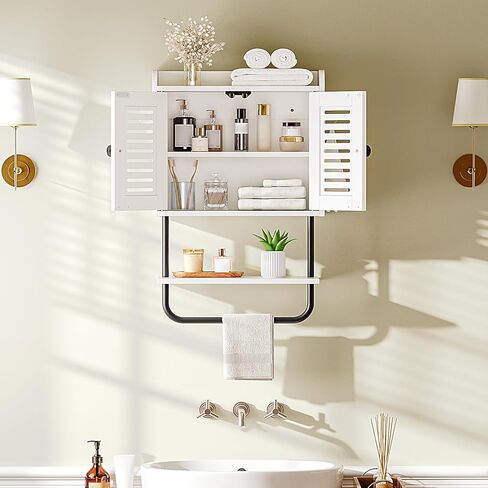HOOBRO Medicine Cabinet, Double Doors Bathroom Wall Cabinet with Towel Bar, Adjustable Shelf, 2 Hooks, Over The Toilet Storage Cabinet, for Bedroom, Kitchen, Rustic Brown BF46CW01 in Kuwait