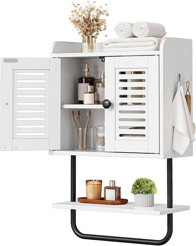 HOOBRO Medicine Cabinet, Double Doors Bathroom Wall Cabinet with Towel Bar, Adjustable Shelf, 2 Hooks, Over The Toilet Storage Cabinet, for Bedroom, Kitchen, Rustic Brown BF46CW01 in Kuwait