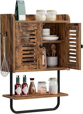 HOOBRO Medicine Cabinet, Double Doors Bathroom Wall Cabinet with Towel Bar, Adjustable Shelf, 2 Hooks, Over The Toilet Storage Cabinet, for Bedroom, Kitchen, Rustic Brown BF46CW01 in Saudi Arabia