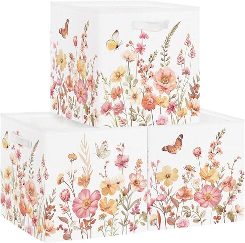 11.8" Wild Flowers Butterfly Storage Cube Organizer Plant Bush Clothes Storage Basket Bin for Closet Shelf Spring Garden Nursery Kid Room Book Toy Chest, 3Pcs in Kuwait
