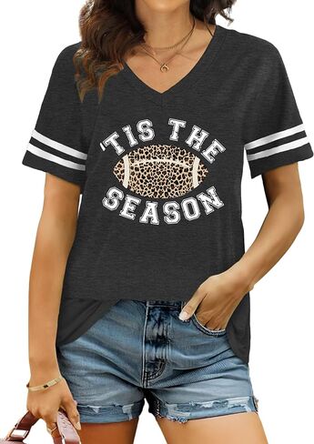 قمصان كرة القدم للنساء: يوم لعبة Tshirt موسم كرة القدم الرسوم البيانية يوم الأحد Funday Short Sleeve V Top Top in Kuwait