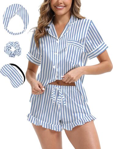 MORFORU Silk Pajamas for Women Satin Pajama Set 2 piece Short Sleeve Ruffle Shorts Button Down Pjs Sets Sleepwear in Saudi Arabia