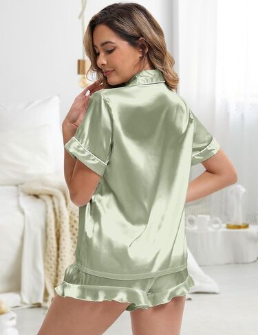 MORFORU Silk Pajamas for Women Satin Pajama Set 2 piece Short Sleeve Ruffle Shorts Button Down Pjs Sets Sleepwear in Saudi Arabia