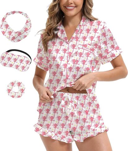 MORFORU Silk Pajamas for Women Satin Pajama Set 2 piece Short Sleeve Ruffle Shorts Button Down Pjs Sets Sleepwear in Saudi Arabia