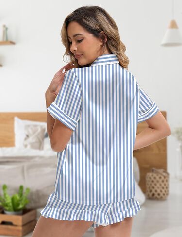 MORFORU Silk Pajamas for Women Satin Pajama Set 2 piece Short Sleeve Ruffle Shorts Button Down Pjs Sets Sleepwear in Saudi Arabia