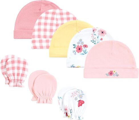 Hudson Baby Infant Girl Cotton Cap and Scratch Mitten Set, Modern Botanical, 0-6 Months in Kuwait