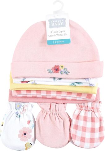 Hudson Baby Infant Girl Cotton Cap and Scratch Mitten Set, Modern Botanical, 0-6 Months in Kuwait