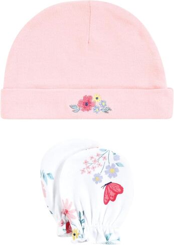 Hudson Baby Infant Girl Cotton Cap and Scratch Mitten Set, Modern Botanical, 0-6 Months in Kuwait