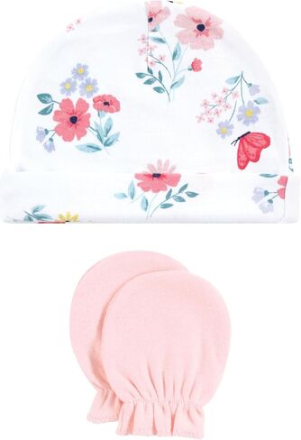 Hudson Baby Infant Girl Cotton Cap and Scratch Mitten Set, Modern Botanical, 0-6 Months in Kuwait