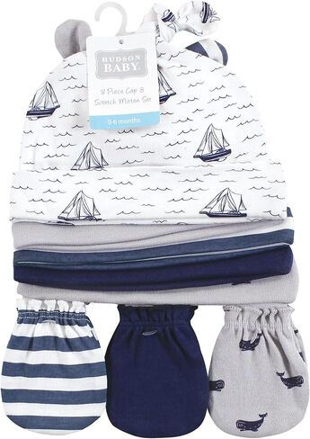 Hudson Baby Infant Girl Cotton Cap and Scratch Mitten Set, Modern Botanical, 0-6 Months in Kuwait