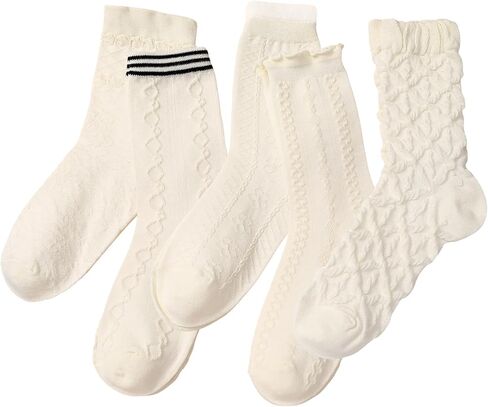 Jspupifip 5 Pair Beige Cute Cottagecore Floral Lace Ruffle Women's Socks Kawaii Cable Knit Frilly Ankle Socks in Saudi Arabia