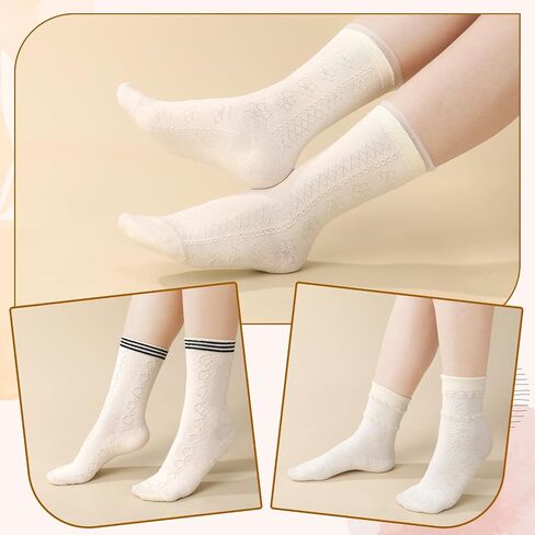 Jspupifip 5 Pair Beige Cute Cottagecore Floral Lace Ruffle Women's Socks Kawaii Cable Knit Frilly Ankle Socks in Saudi Arabia