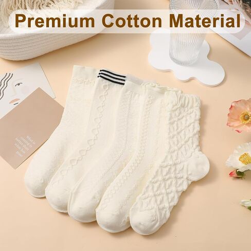 Jspupifip 5 Pair Beige Cute Cottagecore Floral Lace Ruffle Women's Socks Kawaii Cable Knit Frilly Ankle Socks in Saudi Arabia