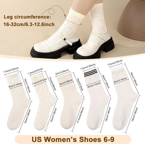 Jspupifip 5 Pair Beige Cute Cottagecore Floral Lace Ruffle Women's Socks Kawaii Cable Knit Frilly Ankle Socks in Saudi Arabia