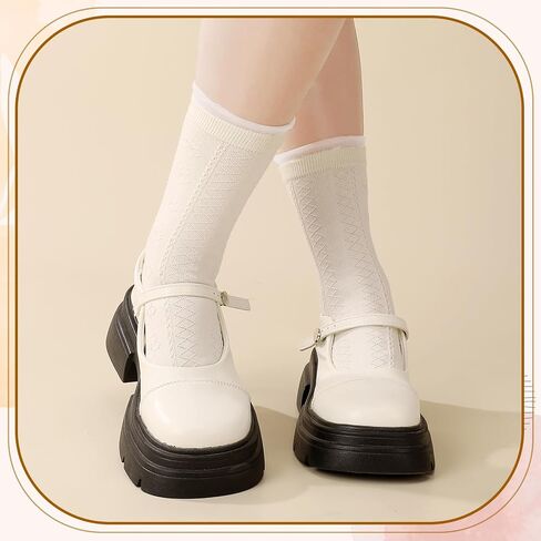 Jspupifip 5 Pair Beige Cute Cottagecore Floral Lace Ruffle Women's Socks Kawaii Cable Knit Frilly Ankle Socks in Saudi Arabia