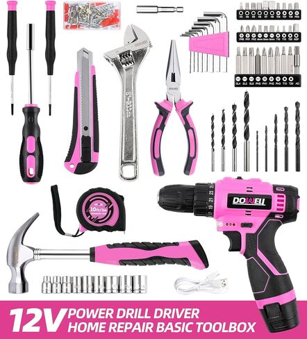 DOWELL 147 Pcs Tool Kit with 12V Cordless Drill with 3/8" Keyless Chuck for Home, Men, Built-in LED, Type-C Charge Cable in Saudi Arabia