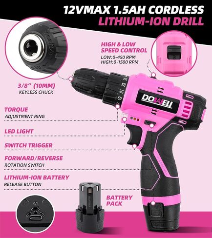 DOWELL 147 Pcs Tool Kit with 12V Cordless Drill with 3/8" Keyless Chuck for Home, Men, Built-in LED, Type-C Charge Cable in Saudi Arabia