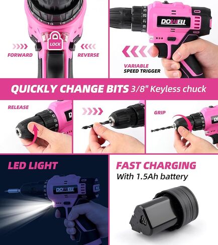 DOWELL 147 Pcs Tool Kit with 12V Cordless Drill with 3/8" Keyless Chuck for Home, Men, Built-in LED, Type-C Charge Cable in Saudi Arabia