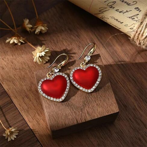 Wcrazye Red Heart Orains للنساء الفتيات المصنوعة يدويًا يدويًا راينستون رينستون الأحمر الوردي الحب يتدلى القلوب في عيد الحب ، صديقات الزوجة المجوهرات (أقراط القلب الحمراء) in Kuwait