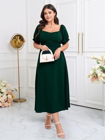SCOMCHIC Women's Plus Size Wedding Guest Dress Semi Formal Short Sleeve Square Neck A-line Long Cocktail Maxi Dresses in Saudi Arabia