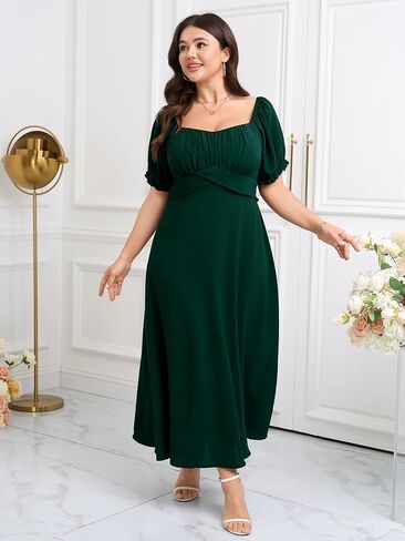 SCOMCHIC Women's Plus Size Wedding Guest Dress Semi Formal Short Sleeve Square Neck A-line Long Cocktail Maxi Dresses in Saudi Arabia