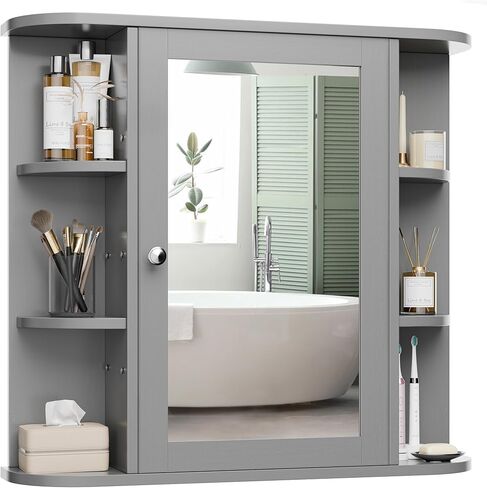 Meilocar Bathroom Medicine Cabinet, Bathroom Mirror Cabinet Wall Mounted with 6 Side Open Shelves, White Wall Cabinet with Mirror, White in Kuwait