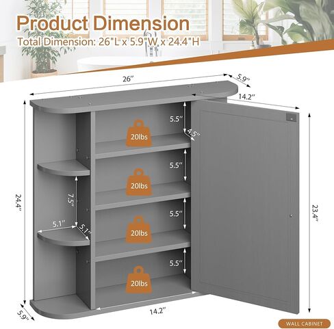 Meilocar Bathroom Medicine Cabinet, Bathroom Mirror Cabinet Wall Mounted with 6 Side Open Shelves, White Wall Cabinet with Mirror, White in Kuwait
