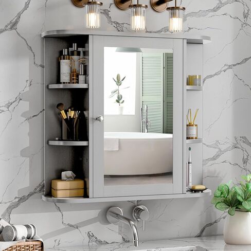 Meilocar Bathroom Medicine Cabinet, Bathroom Mirror Cabinet Wall Mounted with 6 Side Open Shelves, White Wall Cabinet with Mirror, White in Kuwait