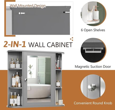 Meilocar Bathroom Medicine Cabinet, Bathroom Mirror Cabinet Wall Mounted with 6 Side Open Shelves, White Wall Cabinet with Mirror, White in Kuwait