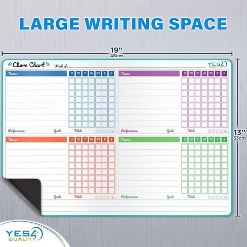 Yes4Quality Magnetic Dry Erase Chore Chart (19" x 13"), Behavior Chart for Multiple Kids, Family Weekly Chores Checklist w/Meal Planner, Stain Resistant Board for Fridge W/ 5 Colorful Markers in Kuwait