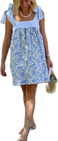 Women Y2K Tie Shoulder Mini Dress Bow Babydoll Ruffle Short Dress Summer Boho Floral Flowy Beach Sundress in Saudi Arabia