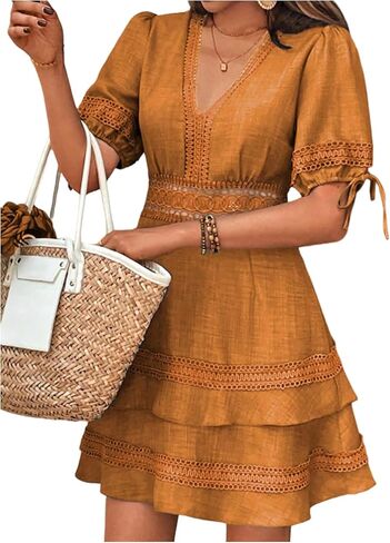 SOLY HUX Women's Summer Dress Hollow Out Lace V Neck Puff Short Sleeve A Line Layered Short Dresses in Saudi Arabia