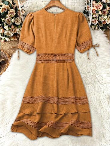 SOLY HUX Women's Summer Dress Hollow Out Lace V Neck Puff Short Sleeve A Line Layered Short Dresses in Saudi Arabia