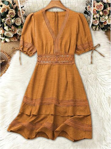 SOLY HUX Women's Summer Dress Hollow Out Lace V Neck Puff Short Sleeve A Line Layered Short Dresses in Saudi Arabia