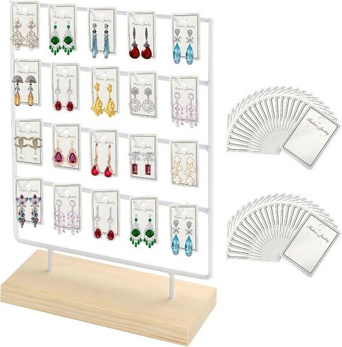 Earring Display Stand for Selling, Wood Earring Rack Display Holder Stand, 4 Tier 20 Hooks Jewelry Display for Selling with 40pcs Earring Cards, Bracelets, Rings, Necklaces in Kuwait