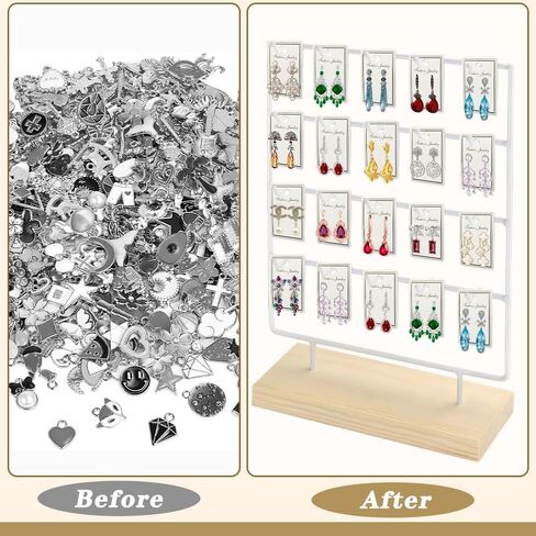 Earring Display Stand for Selling, Wood Earring Rack Display Holder Stand, 4 Tier 20 Hooks Jewelry Display for Selling with 40pcs Earring Cards, Bracelets, Rings, Necklaces in Kuwait