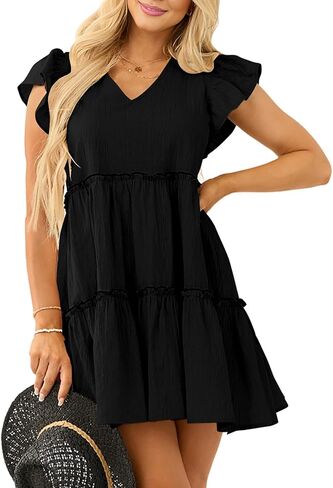 صيف النساء Babydoll Mini Dress v ربطة عنق الورق الخلفي غلاف الكشكش غير الرسمي فستان سوينغ تونك سوينجي in Kuwait