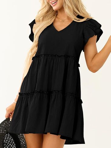 صيف النساء Babydoll Mini Dress v ربطة عنق الورق الخلفي غلاف الكشكش غير الرسمي فستان سوينغ تونك سوينجي in Kuwait