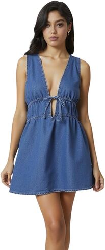 ربطة عنق النساء الدنيم المصغر فستان عميق الخامس عن الرقبة بلا أكمام in Kuwait