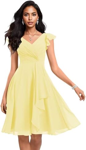 Short Chiffon Bridesmaid Dresses for Women V Neck Ruffles A Line Pleated Formal Evening Gowns AP49 in Saudi Arabia