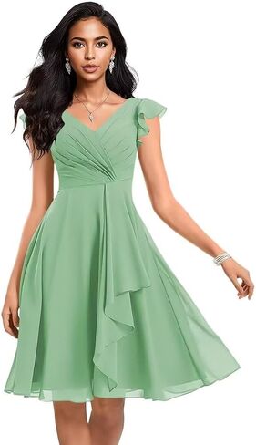Short Chiffon Bridesmaid Dresses for Women V Neck Ruffles A Line Pleated Formal Evening Gowns AP49 in Saudi Arabia