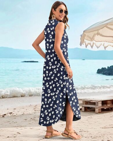 MOLERANI Women's Casual V Neck Maxi Dress Summer Long Sleeveless Sundress with Button 2025 Loose Fit Pockets in Kuwait