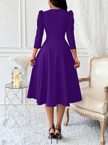 Nmoder Women Casual Midi شبه الرسمي ملاءمة وتوهج 3/4 فستان A-Line fruck in Kuwait