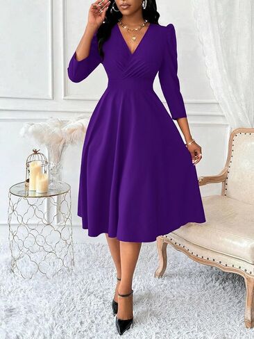 Nmoder Women Casual Midi شبه الرسمي ملاءمة وتوهج 3/4 فستان A-Line fruck in Kuwait