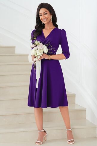 Nmoder Women Casual Midi شبه الرسمي ملاءمة وتوهج 3/4 فستان A-Line fruck in Kuwait