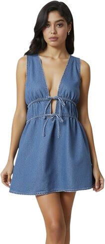 Women's Tie Front Mini Denim Dress Deep V Neck Sleeveless Y2k Jean Dresses in Saudi Arabia