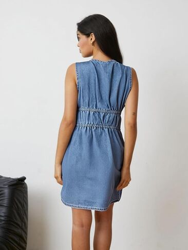 Women's Tie Front Mini Denim Dress Deep V Neck Sleeveless Y2k Jean Dresses in Saudi Arabia