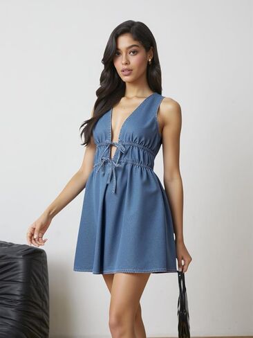 Women's Tie Front Mini Denim Dress Deep V Neck Sleeveless Y2k Jean Dresses in Saudi Arabia