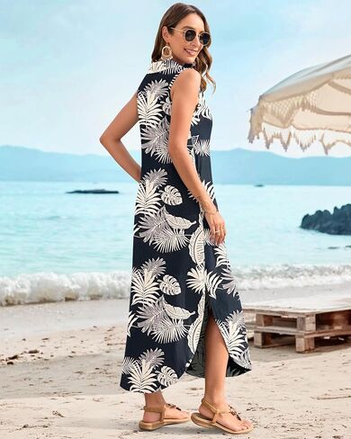 MOLERANI Women's Casual V Neck Maxi Dress Summer Long Sleeveless Sundress with Button 2025 Loose Fit Pockets in Kuwait