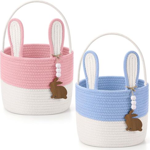 2 Pcs Large Easter Baskets Woven Rope Bunny Basket Unique Easter Basket with Rabbit Wood Name Tags for Egg Hunt Girls Boys(Green White,Purple White) in Kuwait